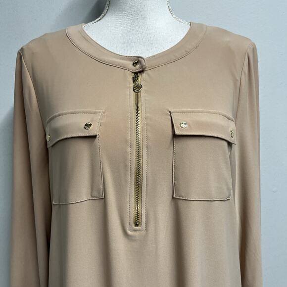 Anne Klein Tunic Top Blouse size Medium Khaki Camel Gold Zipper Pockets Stretch - Picture 4 of 8